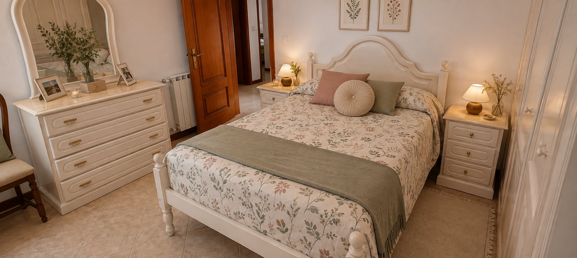 Quarto completo renovado, cama, cómoda e mesinhas em tom claro